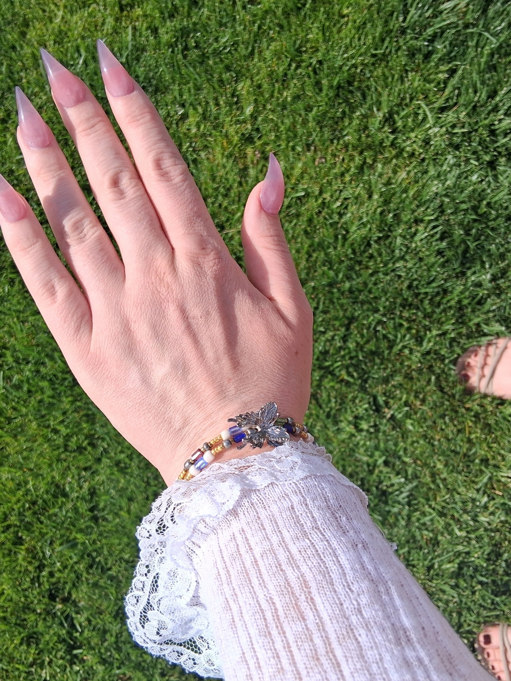 Handmade Delicate Silver Butterfly Beaded Bracelet - Pink, Blue & Gold
